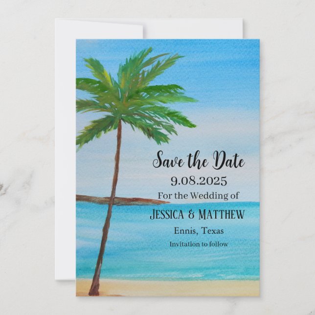 Invitación Boda de palmeras costeras de playa tropical (Anverso)