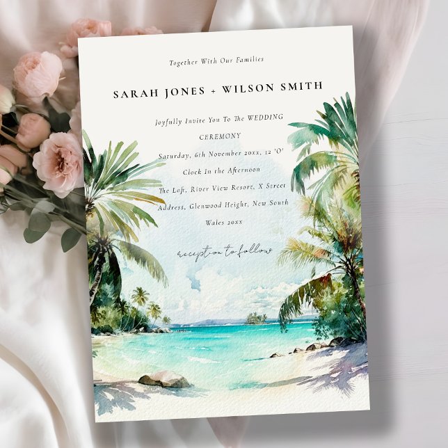 Invitación Boda de palmeras de arena tropical + detalles (Subido por el creador)