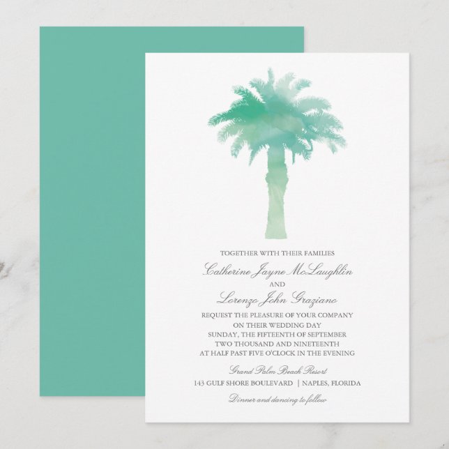 Invitación Boda de palmeras de color verde verde azulado (Anverso / Reverso)