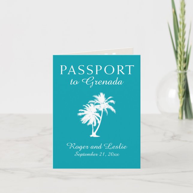 Invitación Boda de palmeras de la isla verde azulada de Grana (Anverso)