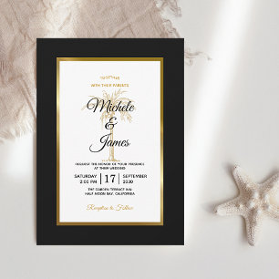 Invitación Boda de palmeras de oro blanco negro moderno