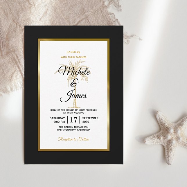 Invitación Boda de palmeras de oro blanco negro moderno (Subido por el creador)