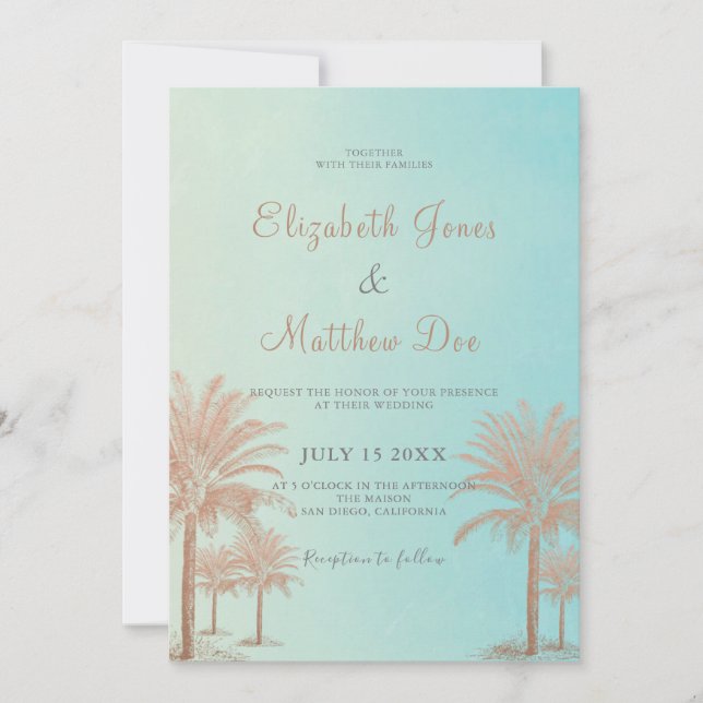 Invitación Boda de Palmeras de Playa/Mar de Mar (Anverso)