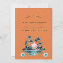 Invitación Boda de palmeras hibiscus atardecer isla tropical