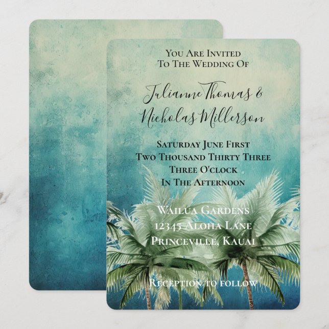 Invitación Boda de palmeras tropicales Aqua Blue (Anverso / Reverso)