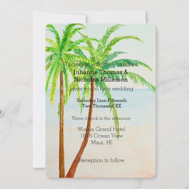 Invitación Boda de Palmeras Tropicales de Playa (Anverso)