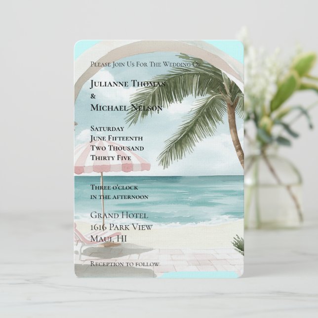 Invitación Boda de palmeras tropicales oceánicas (Anverso de pie)