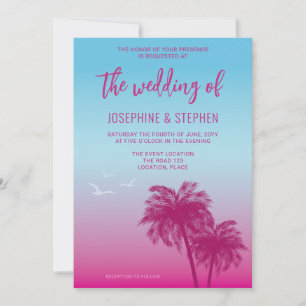 Invitación Boda de palmeras tropicales rosadas y azules