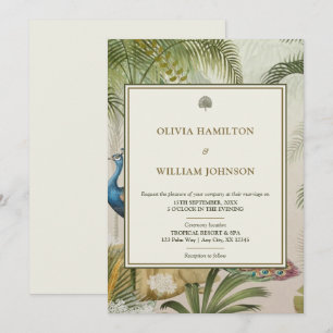 Invitación boda de palo de pavo real tropical de marfil