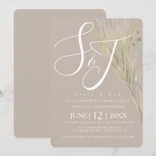 Invitación Boda de Pampas con Hoja de Oro Bohemio Falso (Anverso / Reverso)