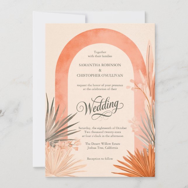 Invitación Boda de pampas de hierba con arco boho (Anverso)