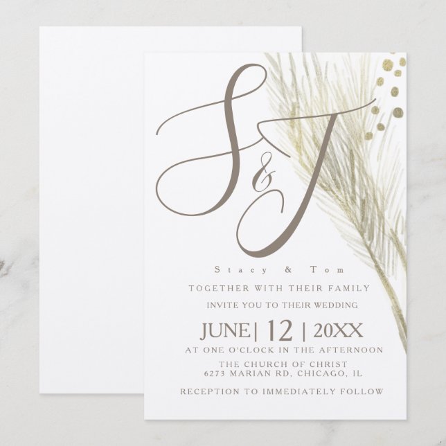 Invitación Boda de Pampas de Oro Falso Bohemio Marfil (Anverso / Reverso)