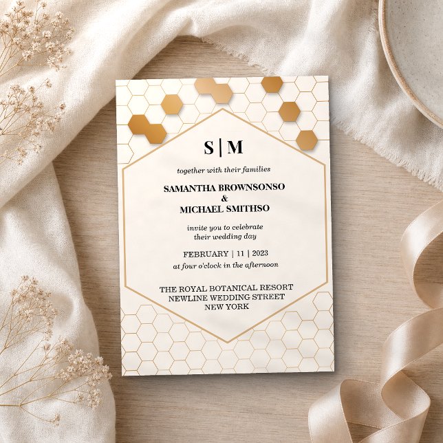 Invitación Boda de panal de abeja dorado beige (Subido por el creador)