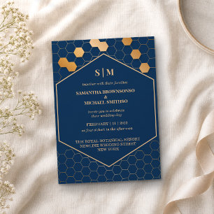 Invitación Boda de panal de abeja dorado y azul marino