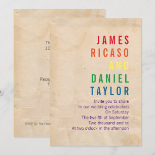 Invitación Boda de papel antiguo del texto arcoiris gay