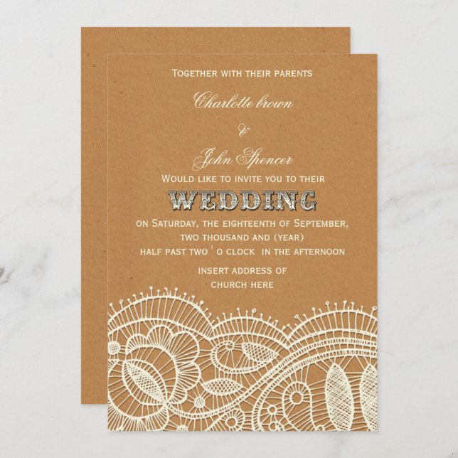 Invitación Boda de papel de encaje y Kraft (Anverso / Reverso)