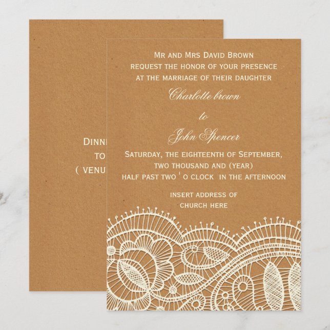 Invitación Boda de papel de encaje y Kraft (Anverso / Reverso)