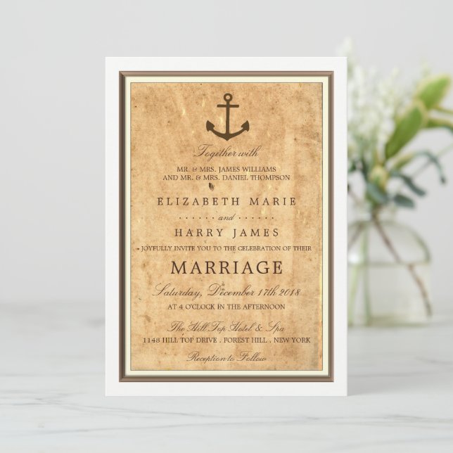 Invitación Boda de papel de época con marco de anclaje náutic (Anverso de pie)