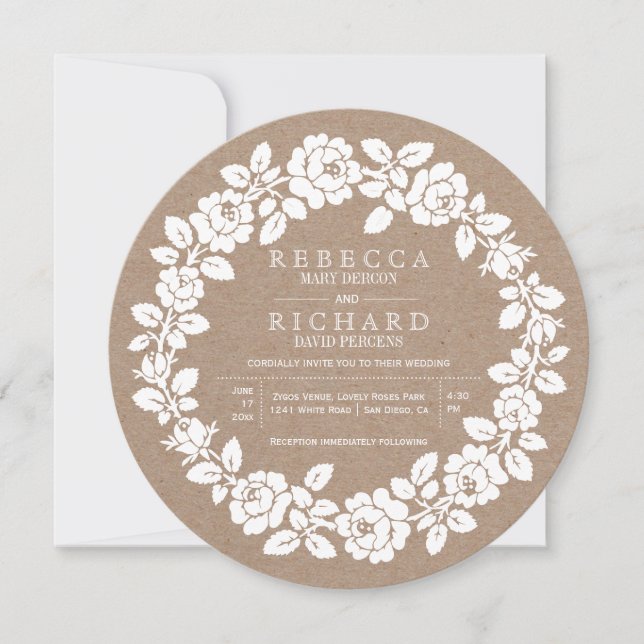Invitación Boda de papel de kraft de flores de rosa blanca (Anverso)