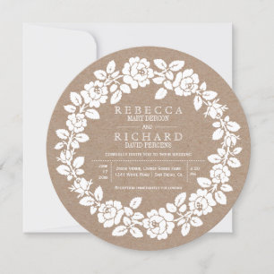 Invitación Boda de papel de kraft de flores de rosa blanca