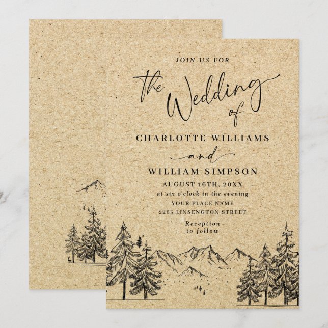 Invitación Boda de papel kraft simulado montañas dibujadas a  (Anverso / Reverso)