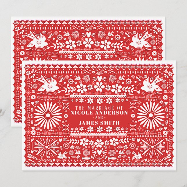 Invitación Boda de Papel Rojo y Blanco Picado Mexicano (Anverso / Reverso)
