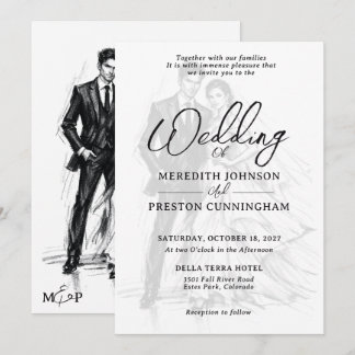 Invitación Boda de Pareja Boceto Carboncillo Moda Moderna