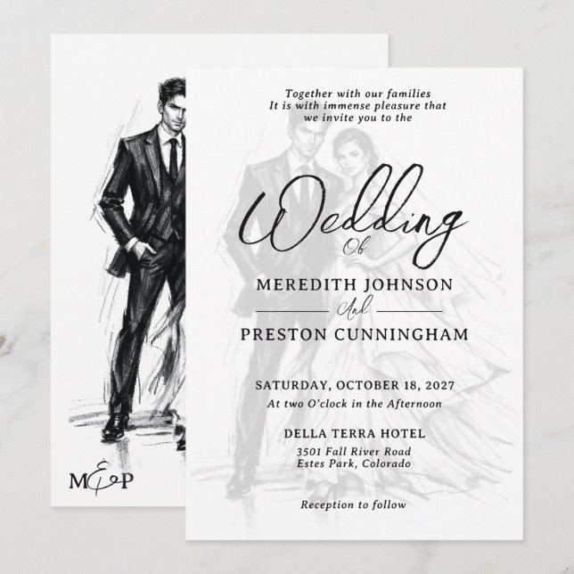 Invitación Boda de Pareja Boceto Carboncillo Moda Moderna (Anverso / Reverso)