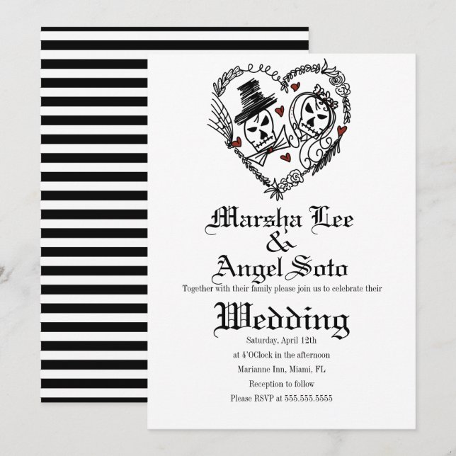 Invitación Boda de pareja de esqueletos de Doodle de Hallowee (Anverso / Reverso)