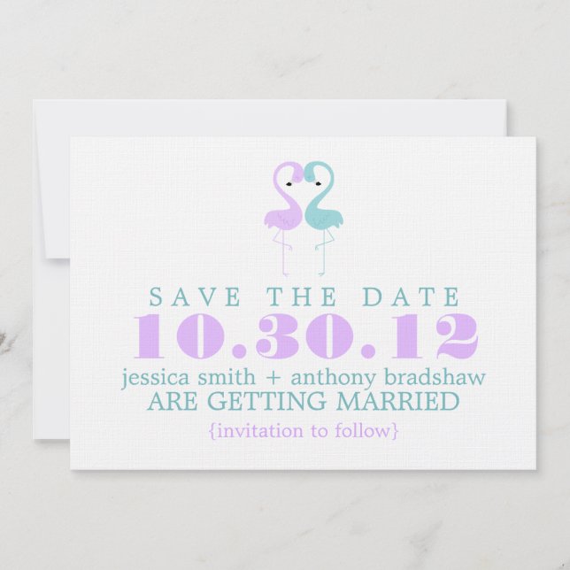 Invitación Boda de pareja de flamencos, guarde la fecha (Anverso)