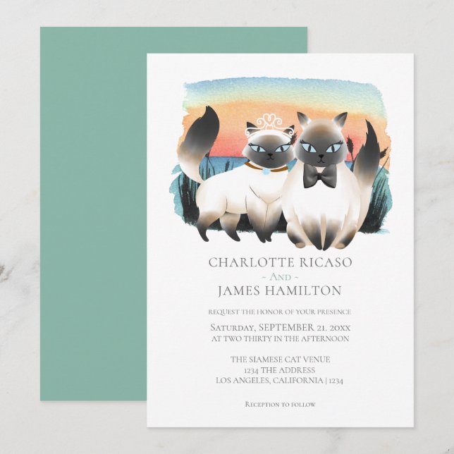 Invitación Boda de pareja de gatos siameses lindo personaliza (Anverso / Reverso)