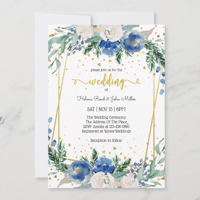 Invitación Boda de pareja encantadora de flor azul (Anverso)