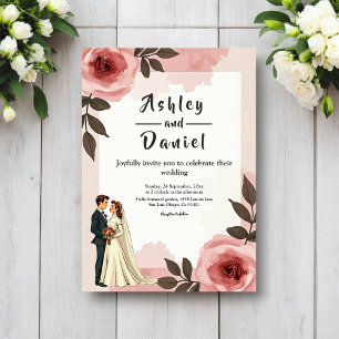 Invitación Boda de pareja rosa blush polvoriento floral acuar