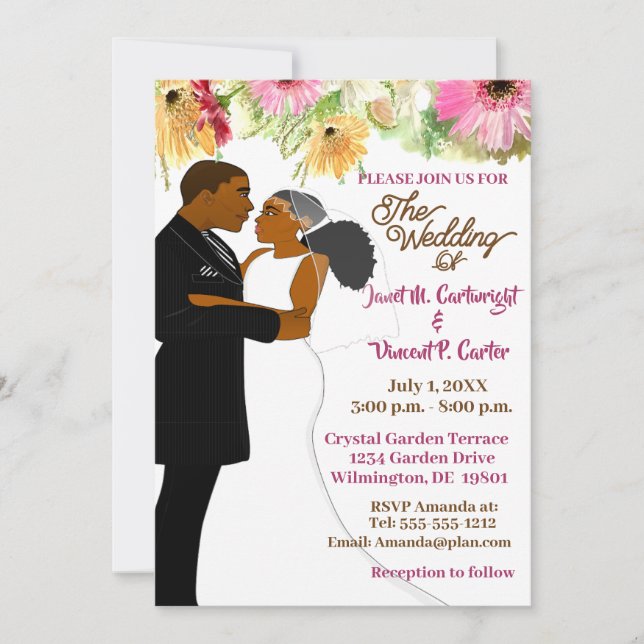 Invitación Boda de parejas afroamericanas con flores blancas (Anverso)