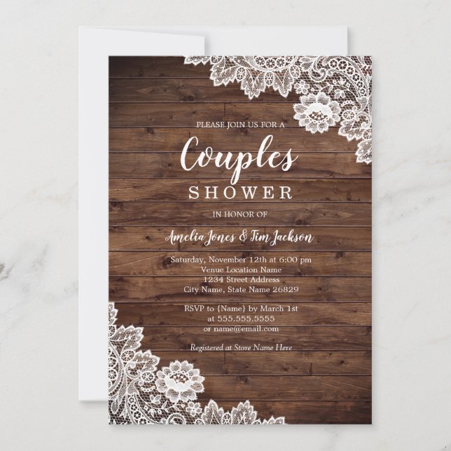 Invitación Boda de Parejas de Encaje de Madera Rústica (Anverso)