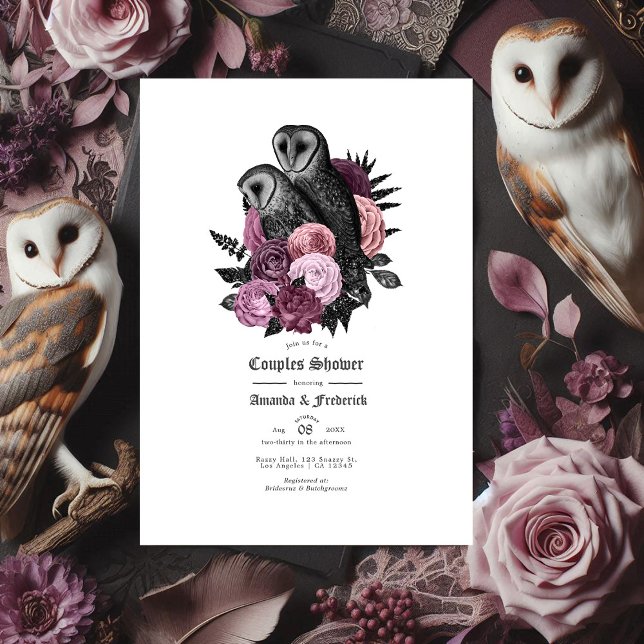 Invitación Boda de parejas de flores vintage y búho gótico en (Gothic Owl and Mauve Vintage Floral Couples Shower Invitation)