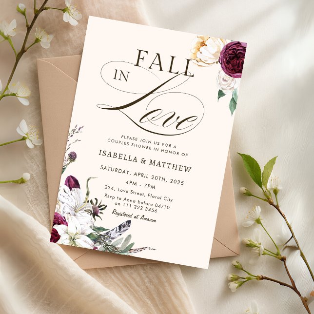 Invitación Boda de parejas de otoño de Borgoña (Burgundy Fall in Love Couples Wedding Shower Invitation)
