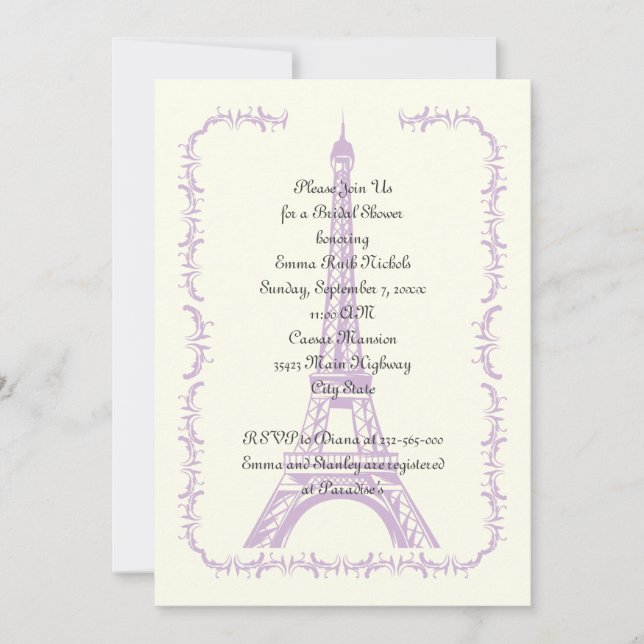 Invitación Boda de París ducha de novia en la Torre Eiffel (Anverso)
