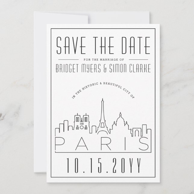Invitación Boda de París | Estilizado Skyline Guardar la fech (Anverso)