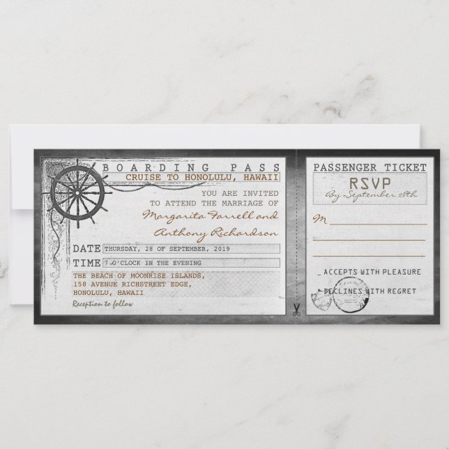 Invitación boda de pasajes de embarque con RSVP (Anverso)