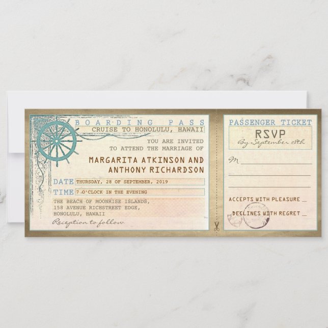 Invitación boda de pasajes de embarque con RSVP (Anverso)