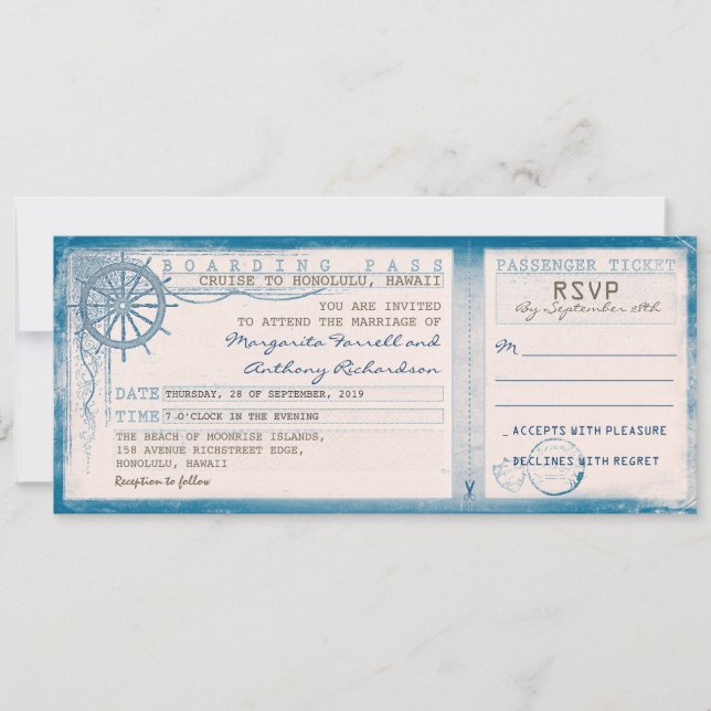 Invitación boda de pasajes de embarque con RSVP (Anverso)