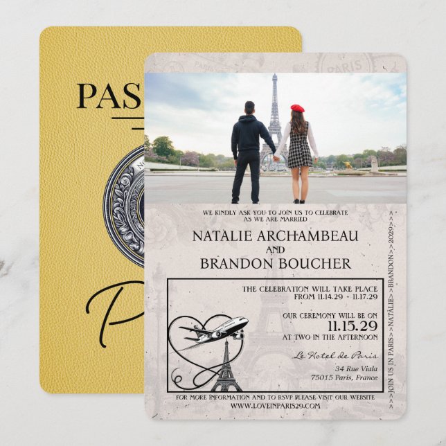 Invitación Boda de pasaporte amarillo de París (Anverso / Reverso)
