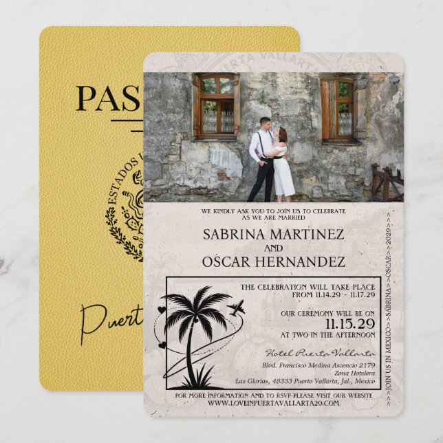 Invitación Boda de pasaporte amarillo Puerta Vallarta (Anverso / Reverso)