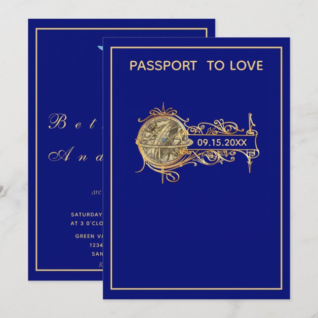 Invitación Boda de pasaporte azul moderno (Anverso / Reverso)