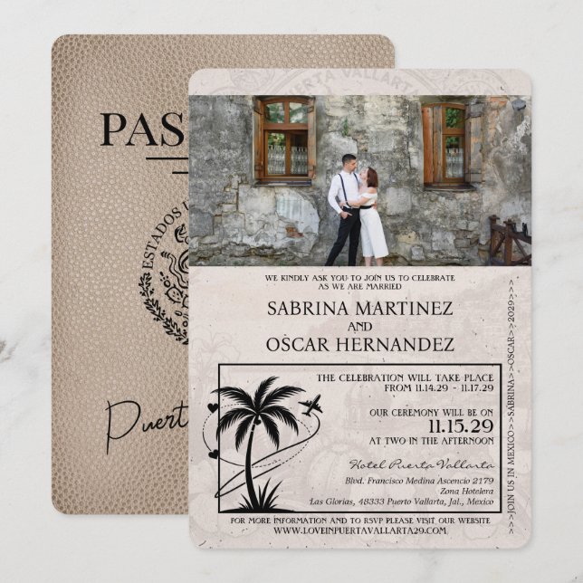 Invitación Boda de pasaporte Beige Puerta Vallarta (Anverso / Reverso)