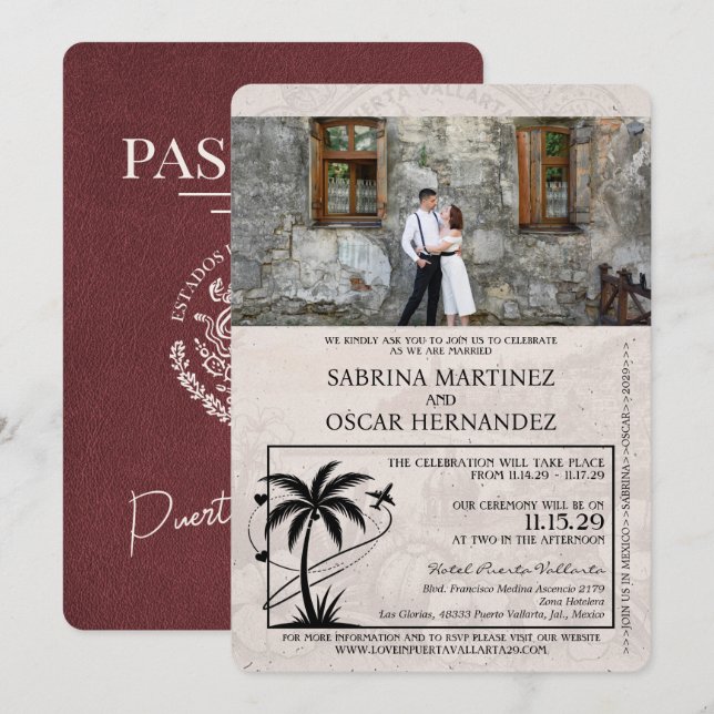 Invitación Boda de pasaporte Burgundy Puerta Vallarta (Anverso / Reverso)