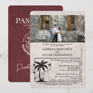 Invitación Boda de pasaporte Burgundy Puerta Vallarta