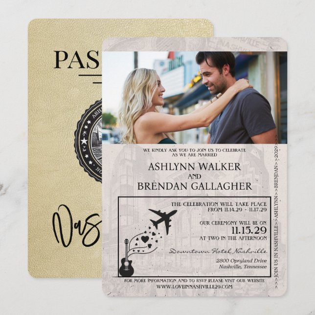 Invitación Boda de pasaporte Champagne Gold Nashville (Anverso / Reverso)