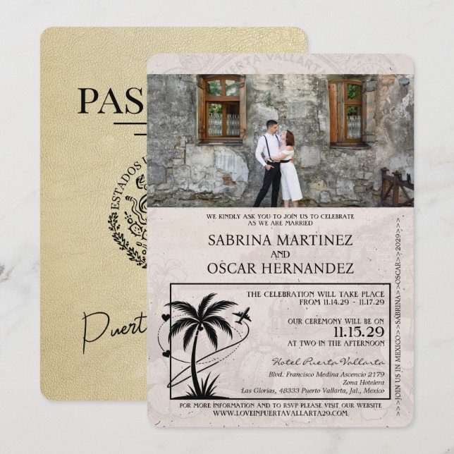 Invitación Boda de pasaporte Champagne Puerta Vallarta (Anverso / Reverso)